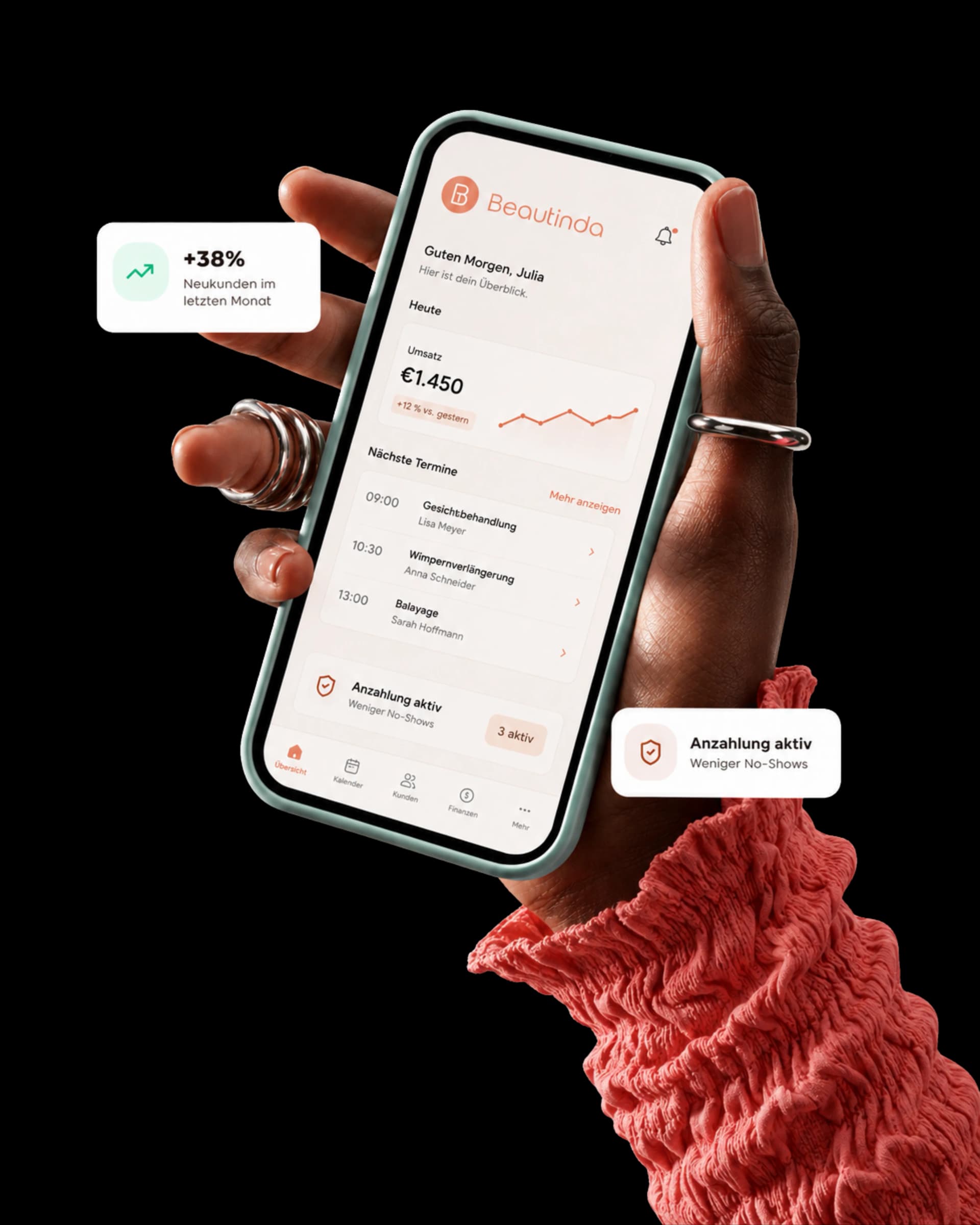 Beautinda App – Studio-Dashboard auf dem Smartphone