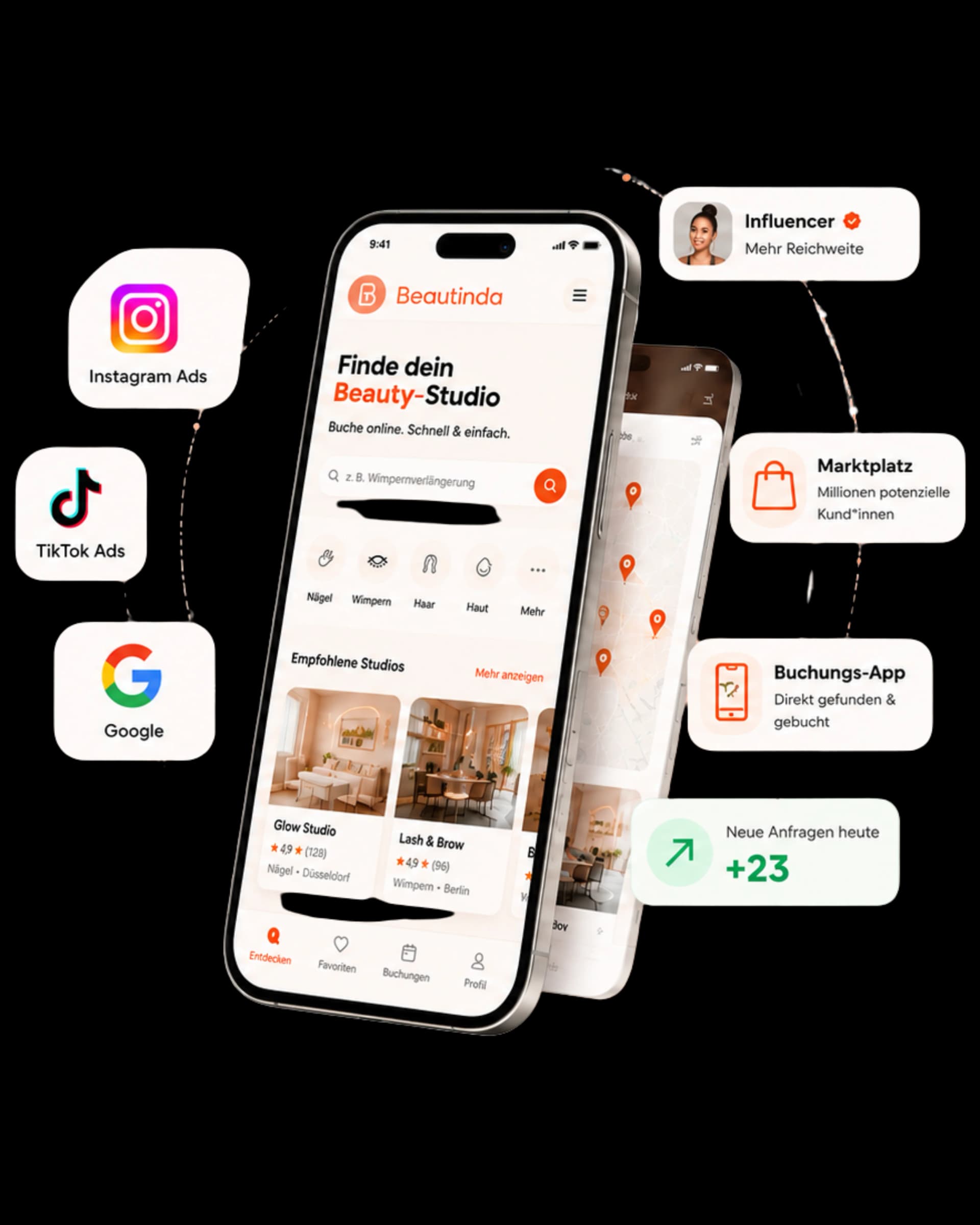 Beautinda Neukundengewinnung – App mit Instagram, TikTok und Google Reichweite