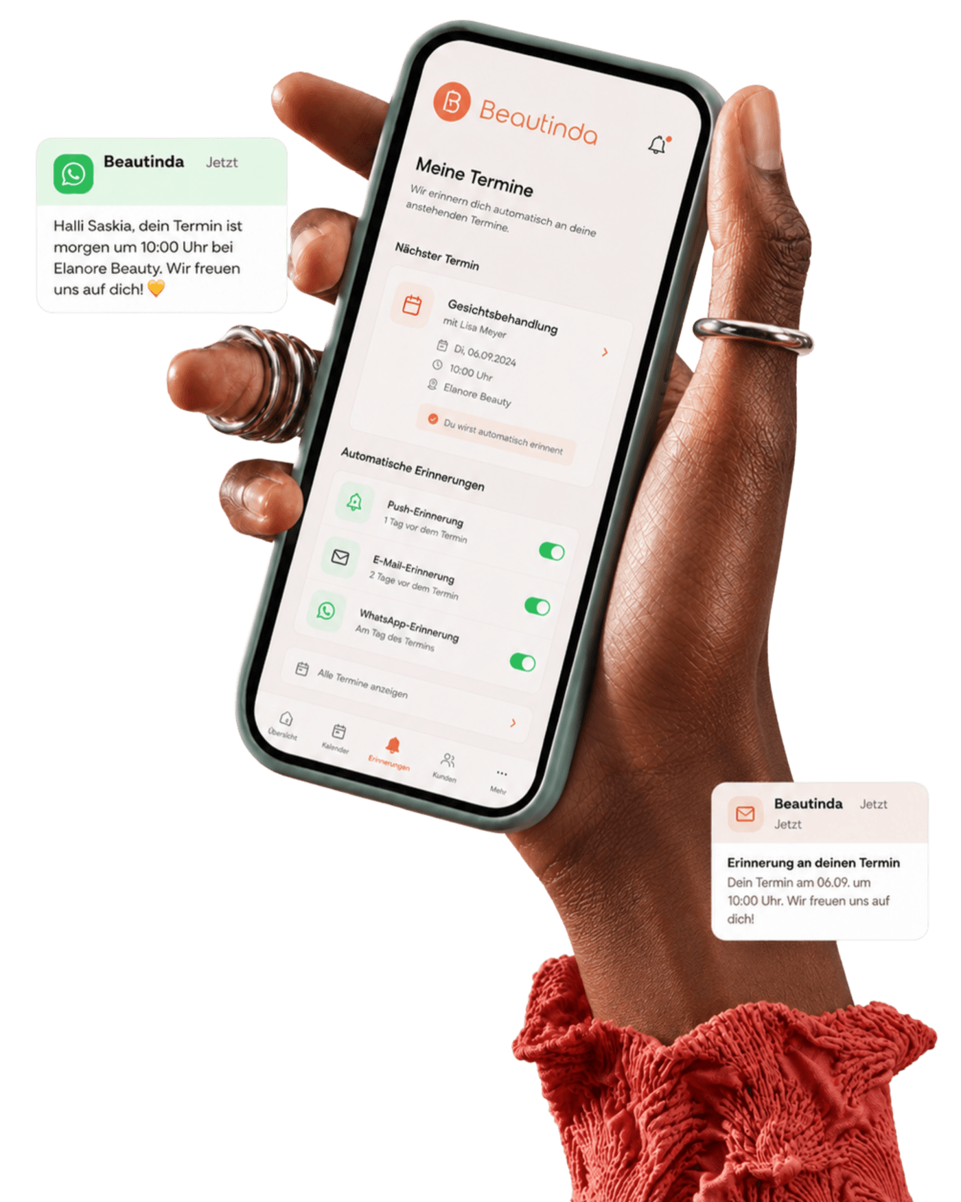 Beautinda App: automatische Terminerinnerungen per Push, E-Mail und WhatsApp